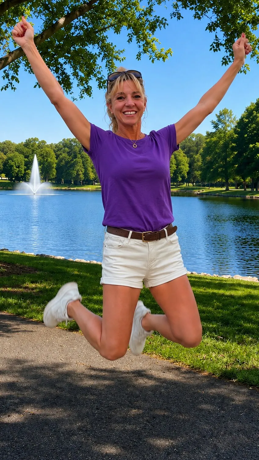 Robyn jumping for joy with her arms raised on a lakeside path in the park