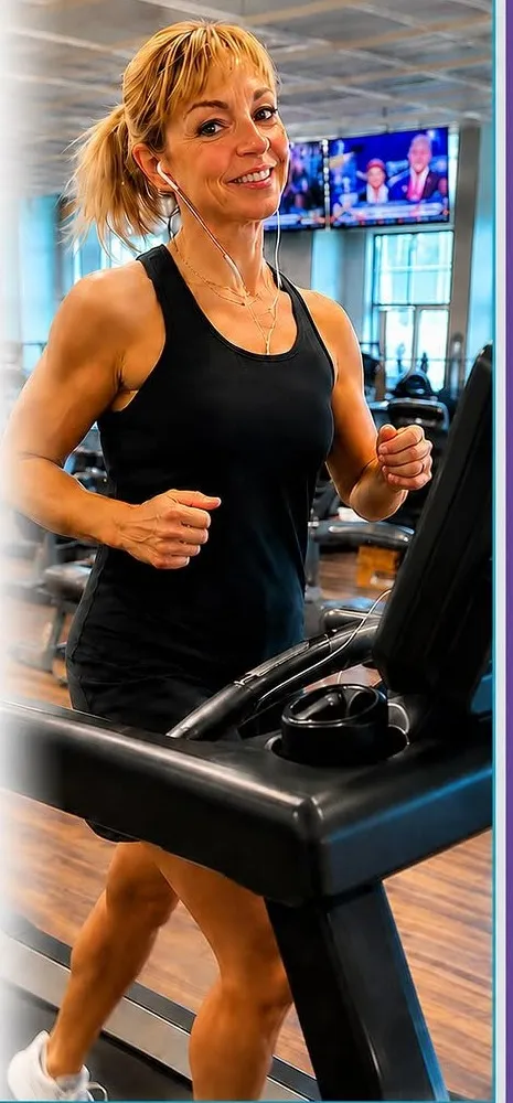 Robyn smiling while running on a treadmill at the gym