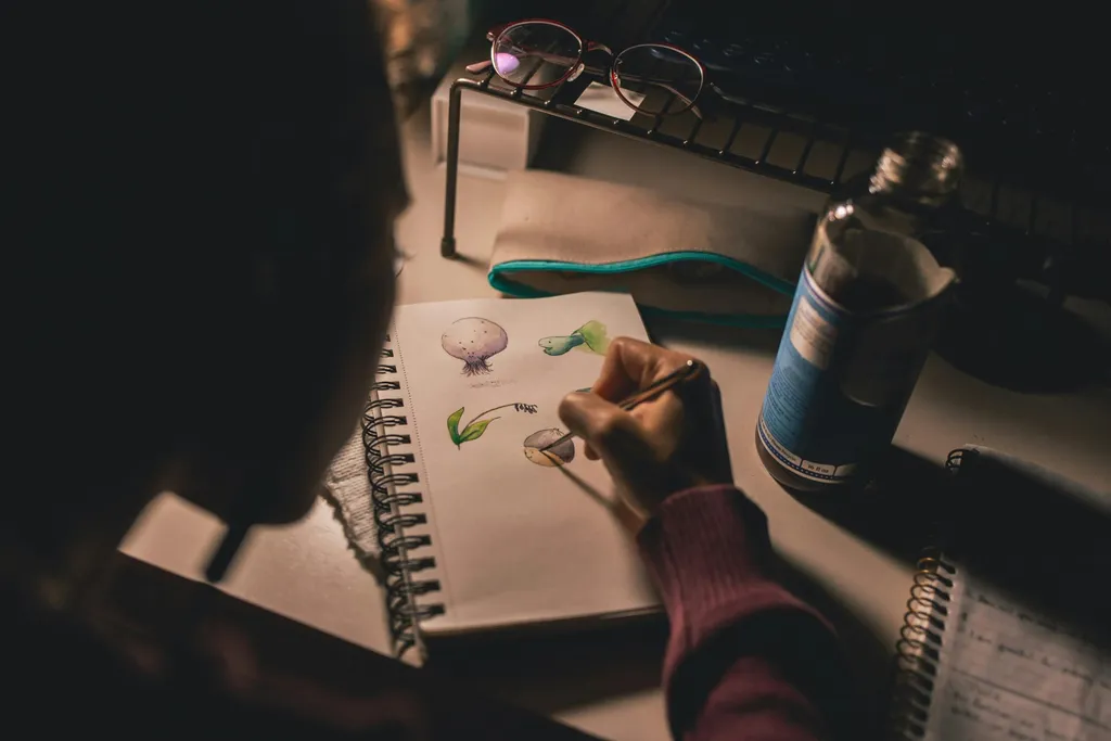 Person sketching in a notebook at a dimly lit desk